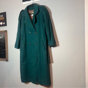 Vintage Double Breasted Trench Coat Womens Teal Green Size 12 Lined Long Belted